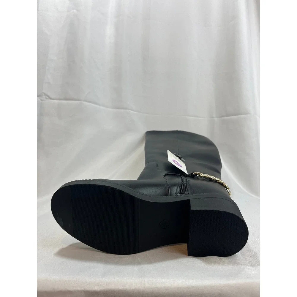 A‎ New Day Womens Black Tall Boots with Gold Chain Detail Size 6.5 Knee High